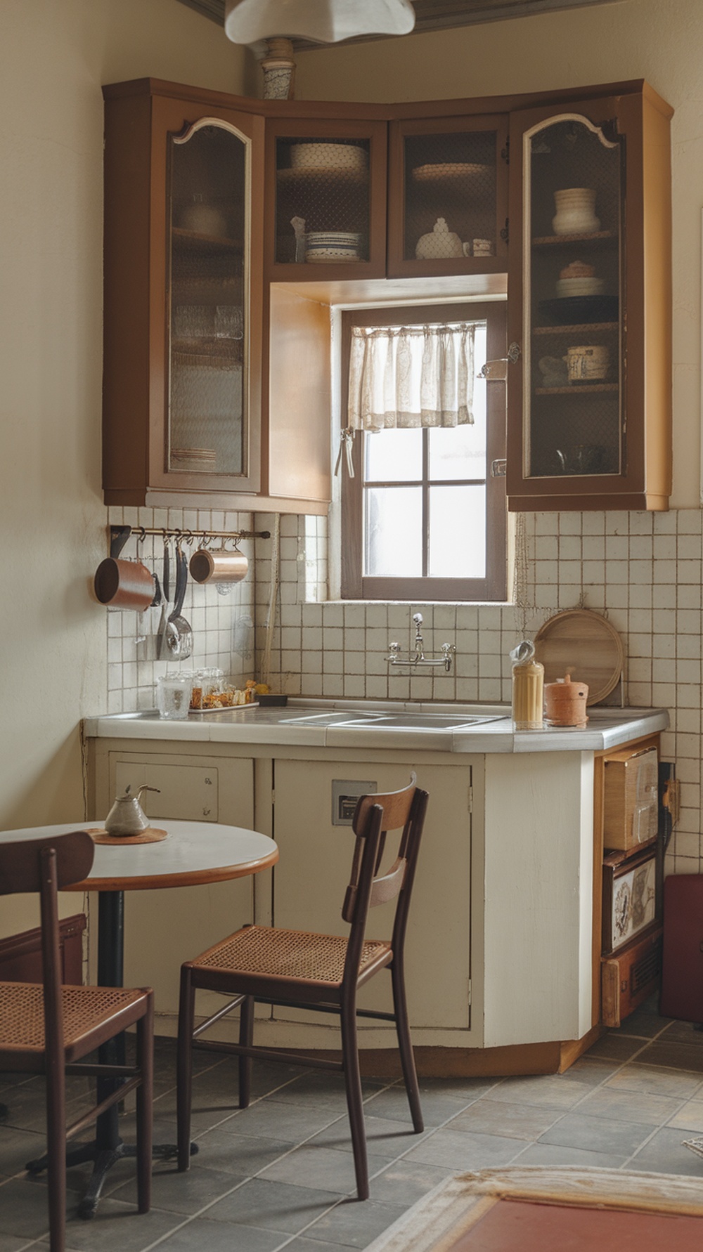 Cozy small kitchen with corner cabinets and a small table