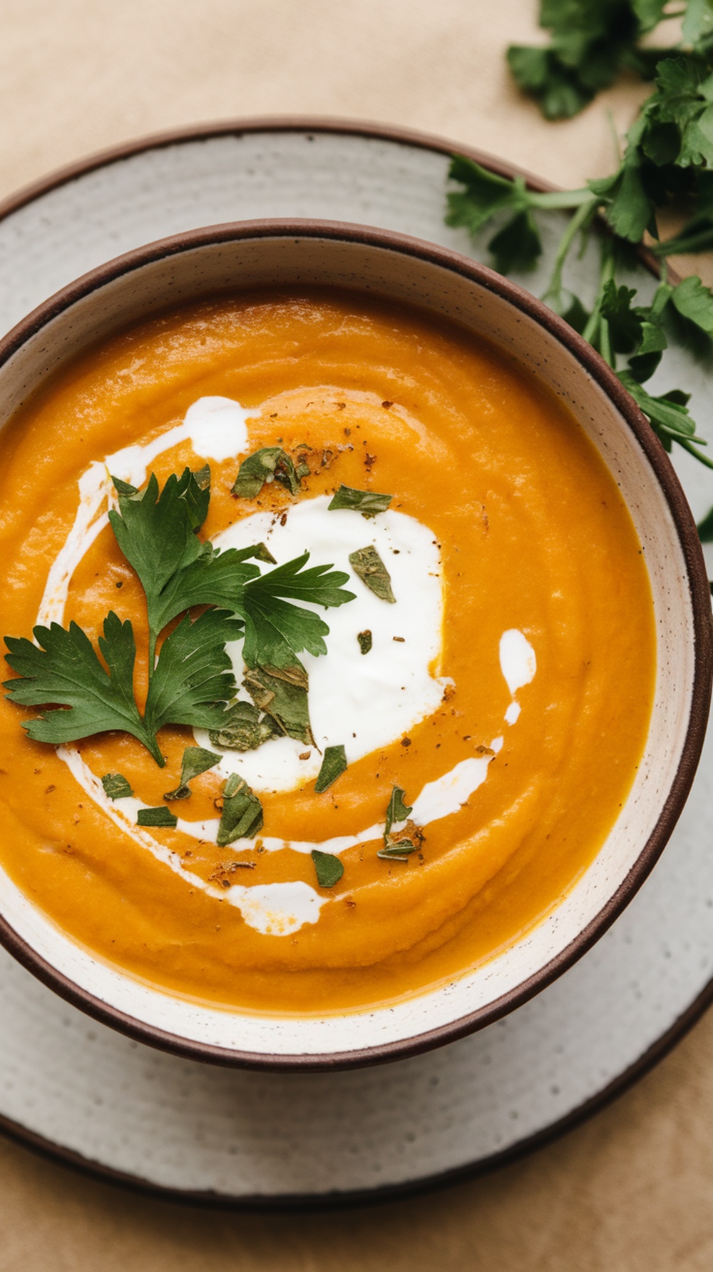 A bowl of creamy vegan butternut squash soup topped with coconut cream and fresh herbs.
