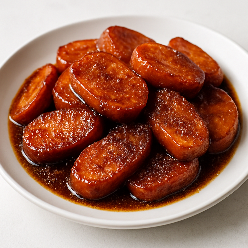 A plate of candied sweet potatoes glazed in a rich syrup