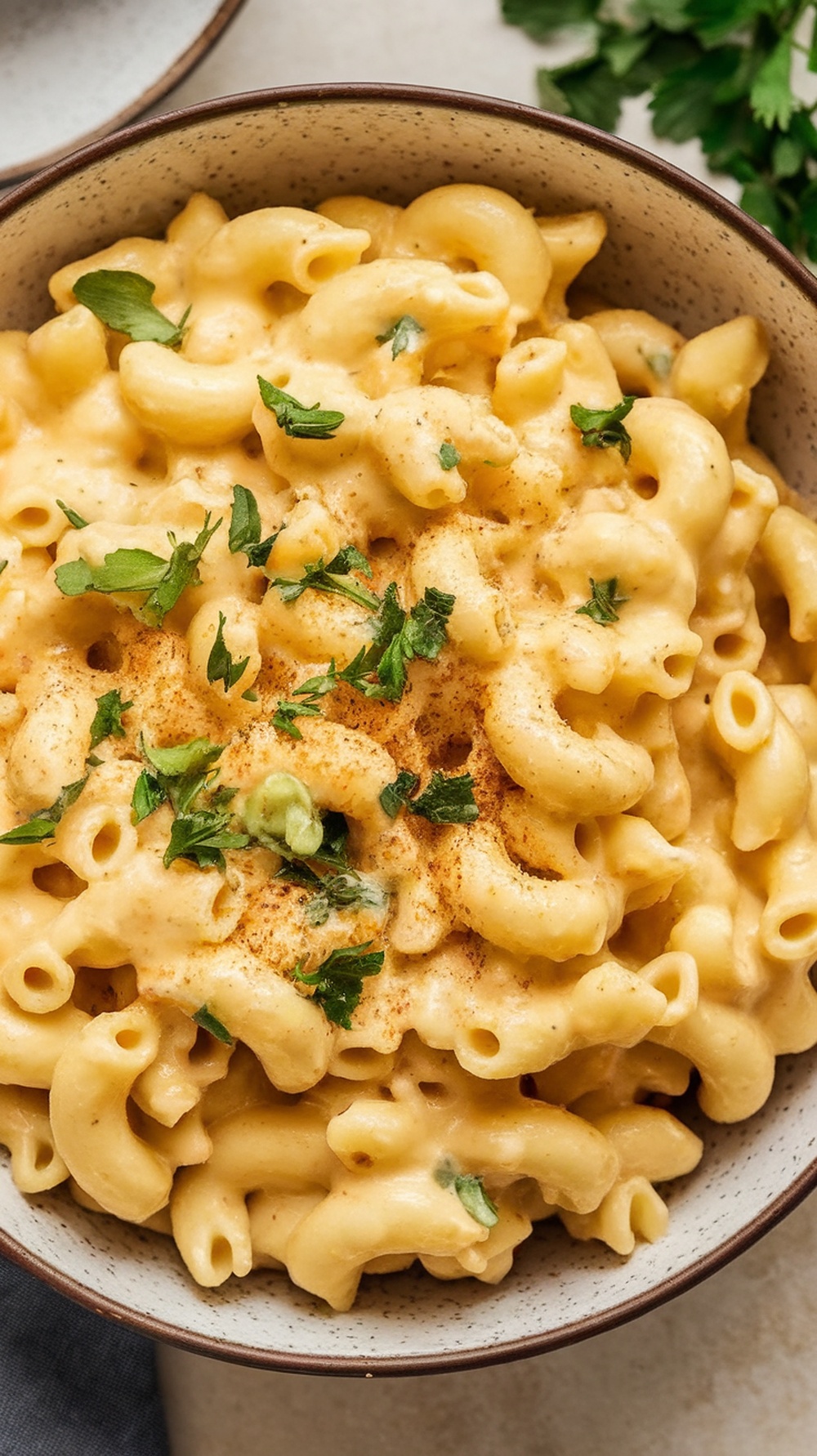 A bowl of creamy vegan mac and cheese topped with fresh herbs.