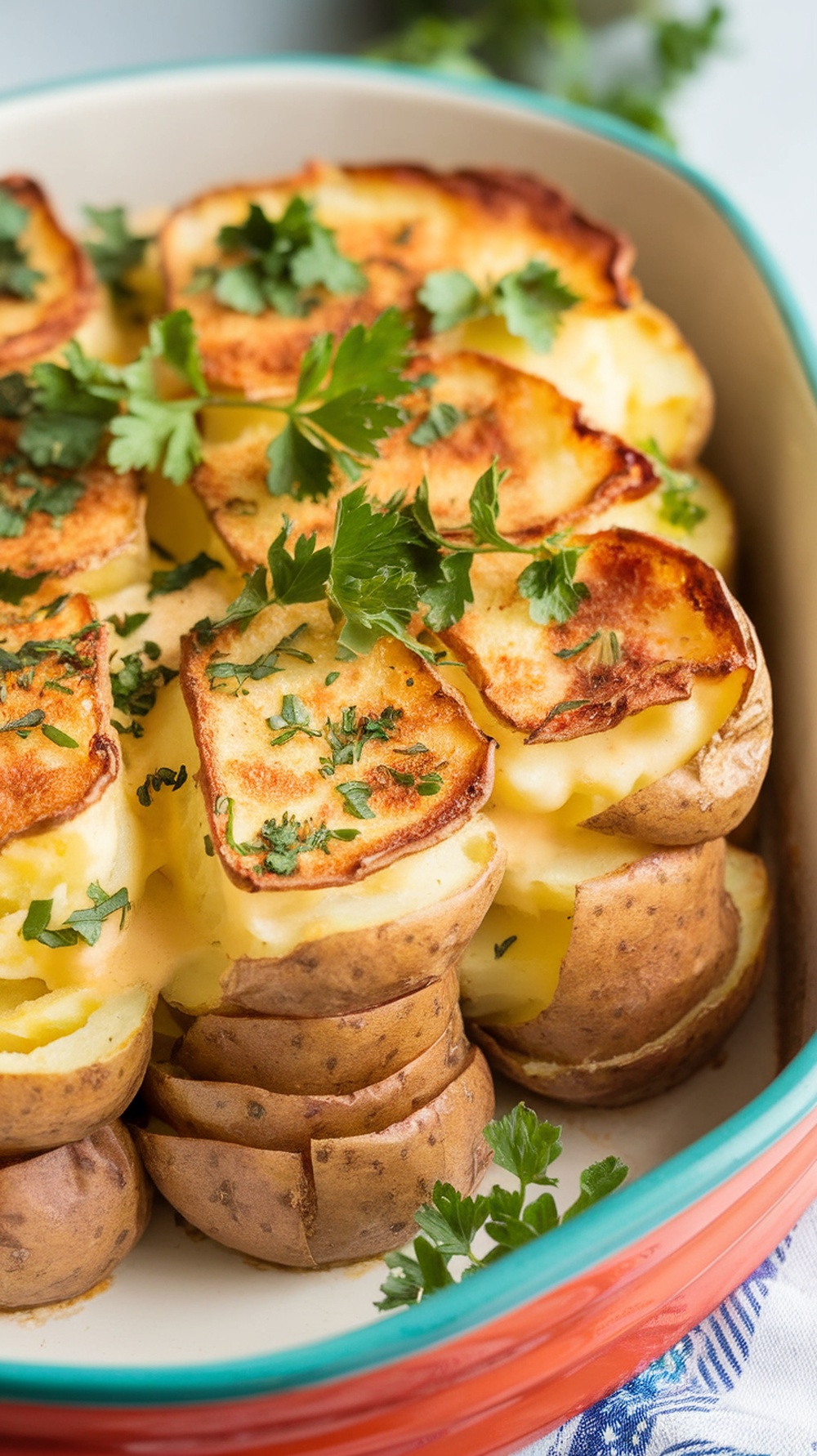 A close-up of vegan scalloped potatoes topped with fresh herbs, showcasing golden-brown layers.