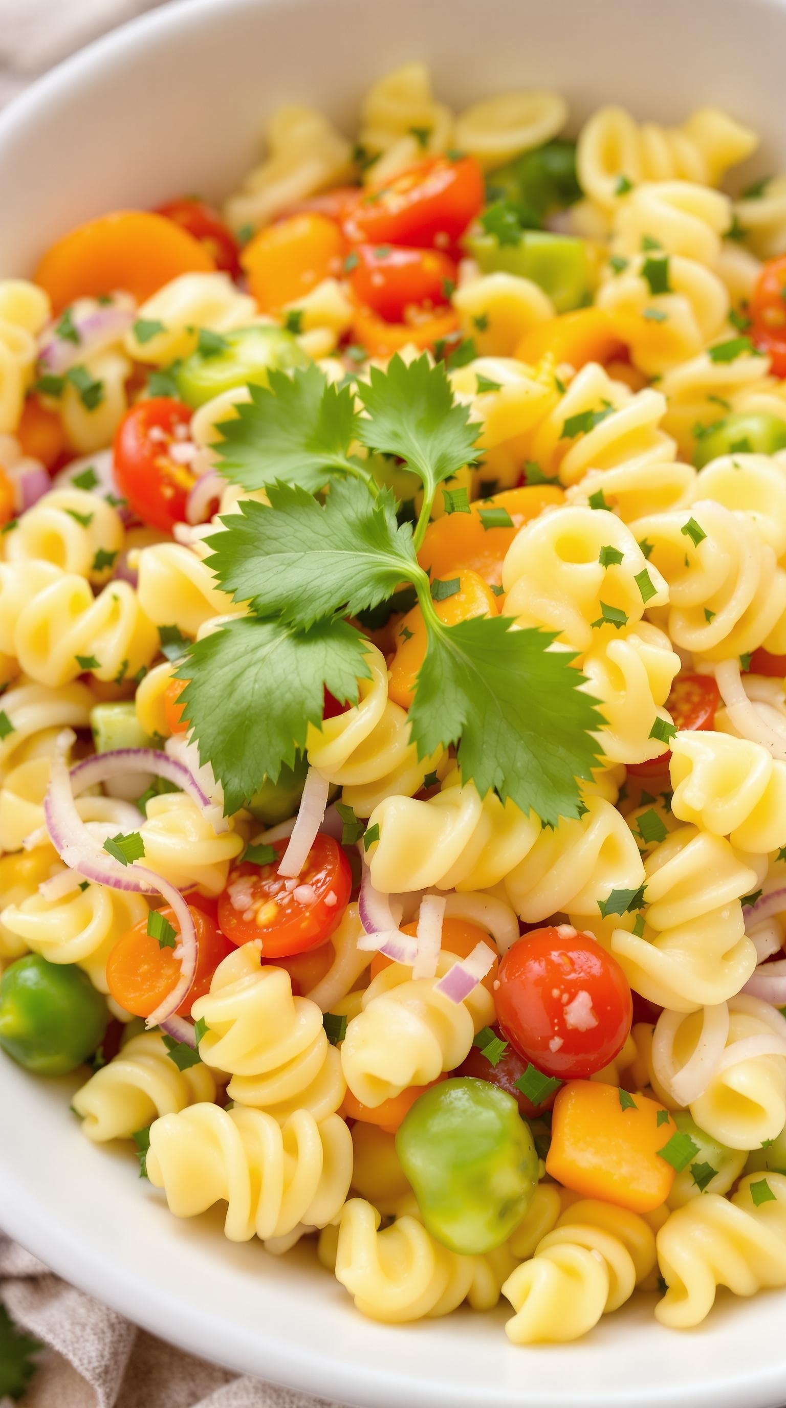 A bowl of colorful veggie-packed pasta salad with spiral pasta, cherry tomatoes, bell peppers, and cilantro.
