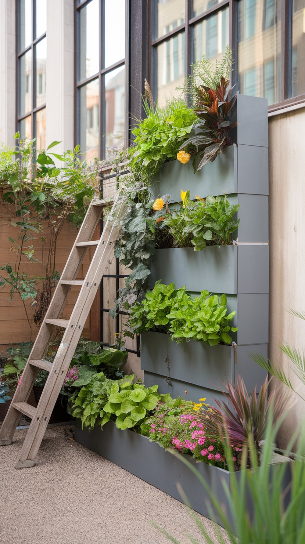 A tall vertical planter with multiple tiers filled with various plants, alongside a wooden ladder.