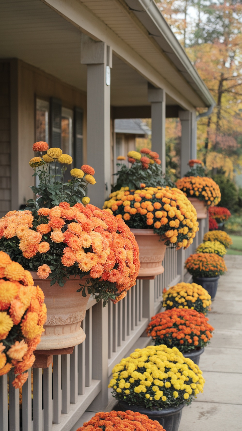 A front porch decorated with vibrant orange and yellow mums in pots, showcasing a beautiful fall display.