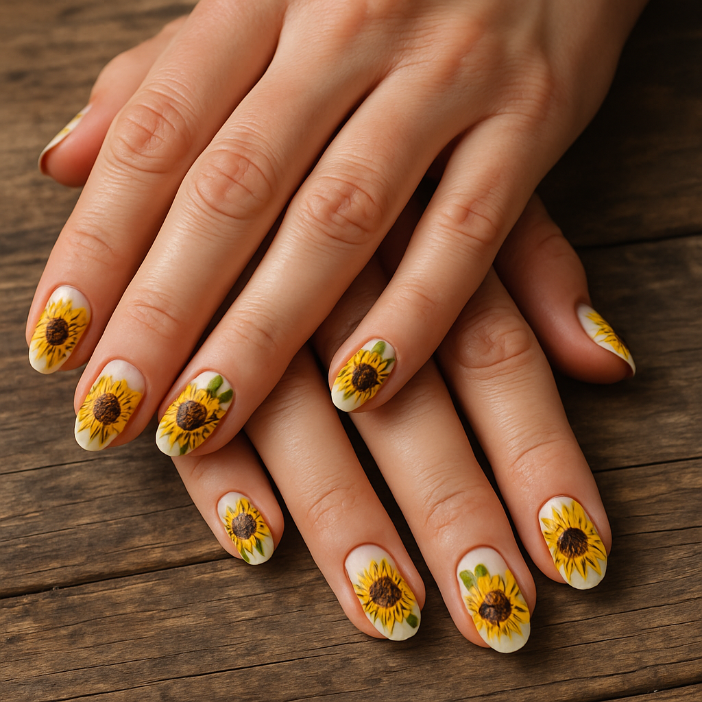 Close-up of human hands with floral fingernail designs featuring vibrant sunflowers.