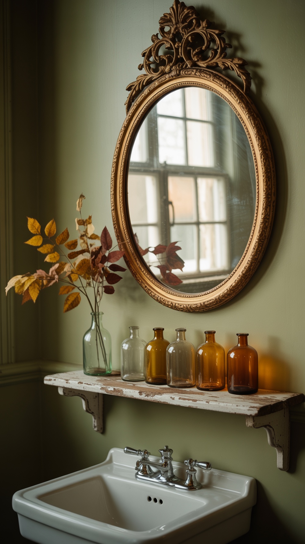 A rustic bathroom with vintage accents, featuring orange walls, wooden shelves, pumpkins, and autumn leaves.