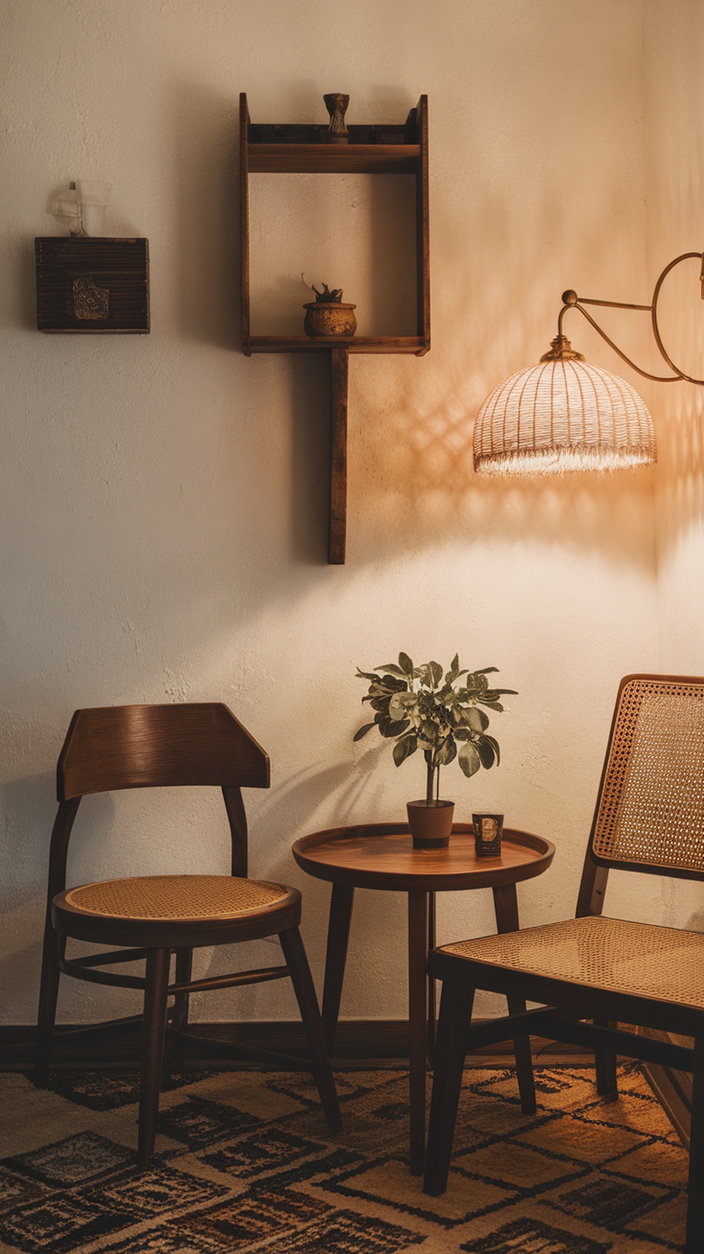 Cozy corner with vintage wooden chairs, a round table, and a warm lamp casting shadows.