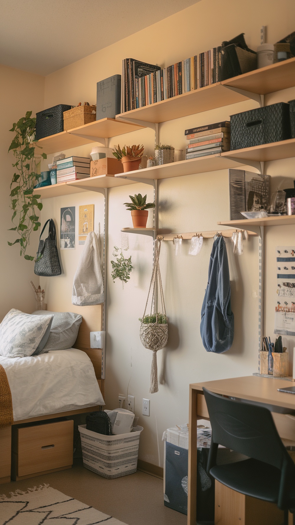 A cozy dorm room with wall-mounted shelves, plants, and organized storage.