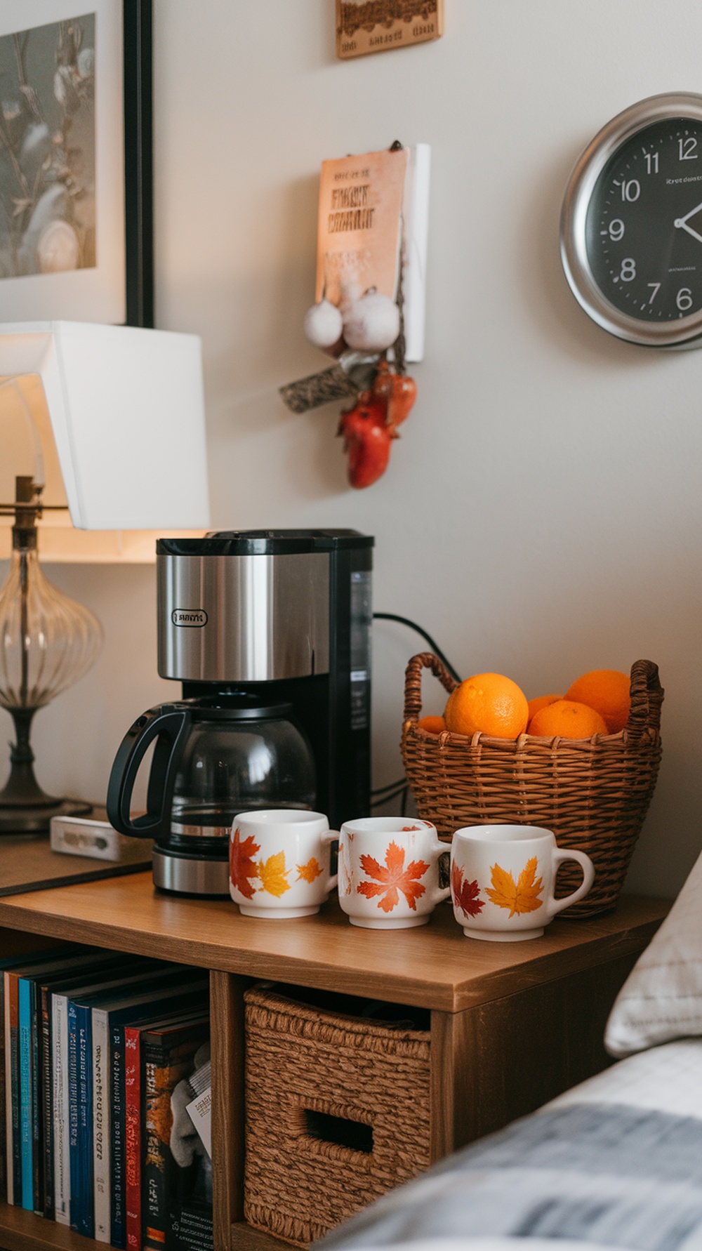 A cozy warm beverage station featuring a coffee maker, autumn-themed mugs, and a basket of oranges.
