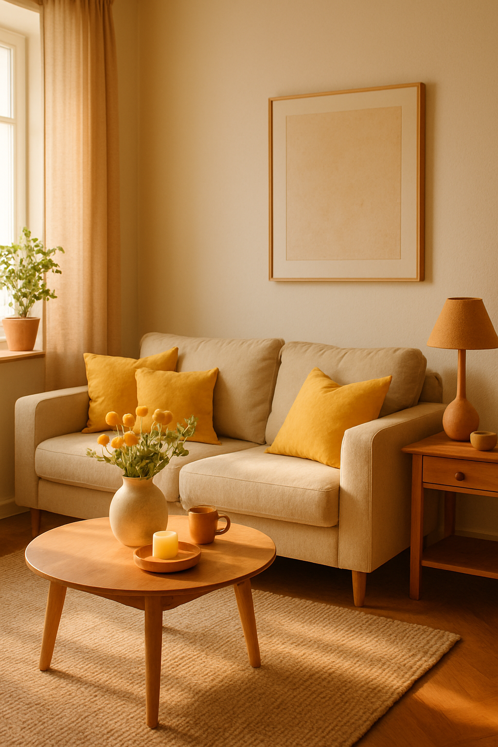 A cozy living room featuring warm butter yellow accents with a beige sofa, yellow cushions, and a vase of flowers.