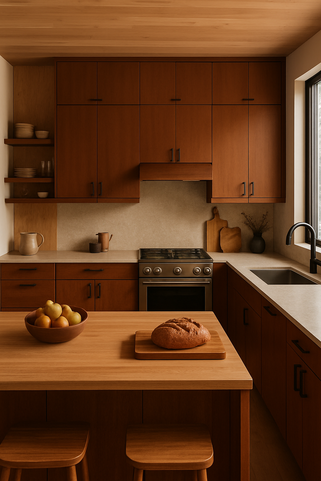 A warm kitchen featuring chestnut cabinets, a wooden island, and a bowl of pears.