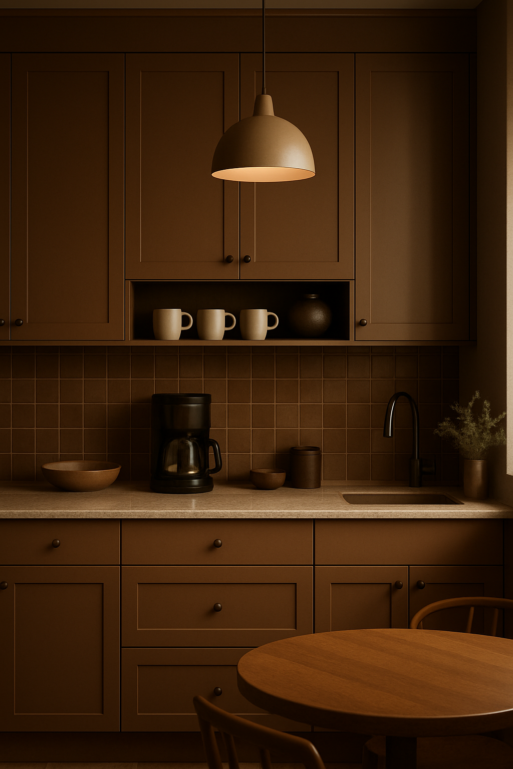 A cozy kitchen featuring warm coffee brown cabinets and decor.