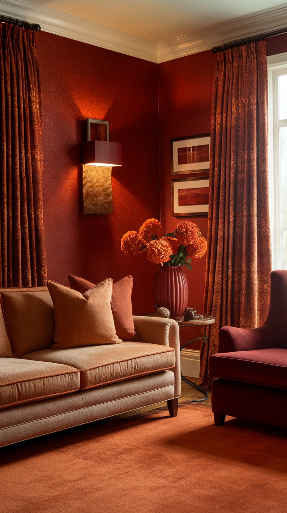 Cozy living room with warm red walls, beige sofa, and orange floral arrangements