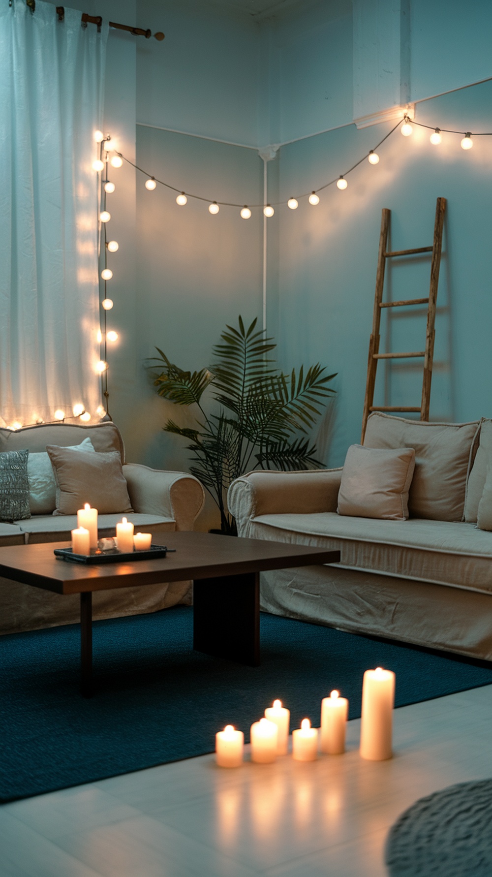A cozy living room with warm lighting, string lights, candles, and a comfortable chair.