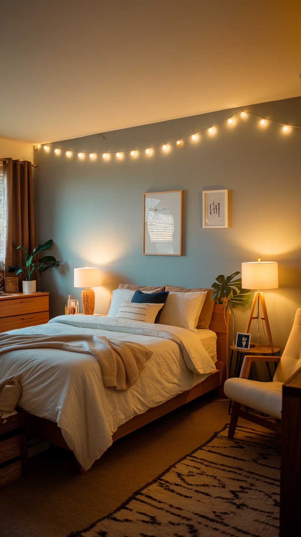 A cozy bedroom with warm lighting, featuring string lights and bedside lamps, creating a welcoming atmosphere.