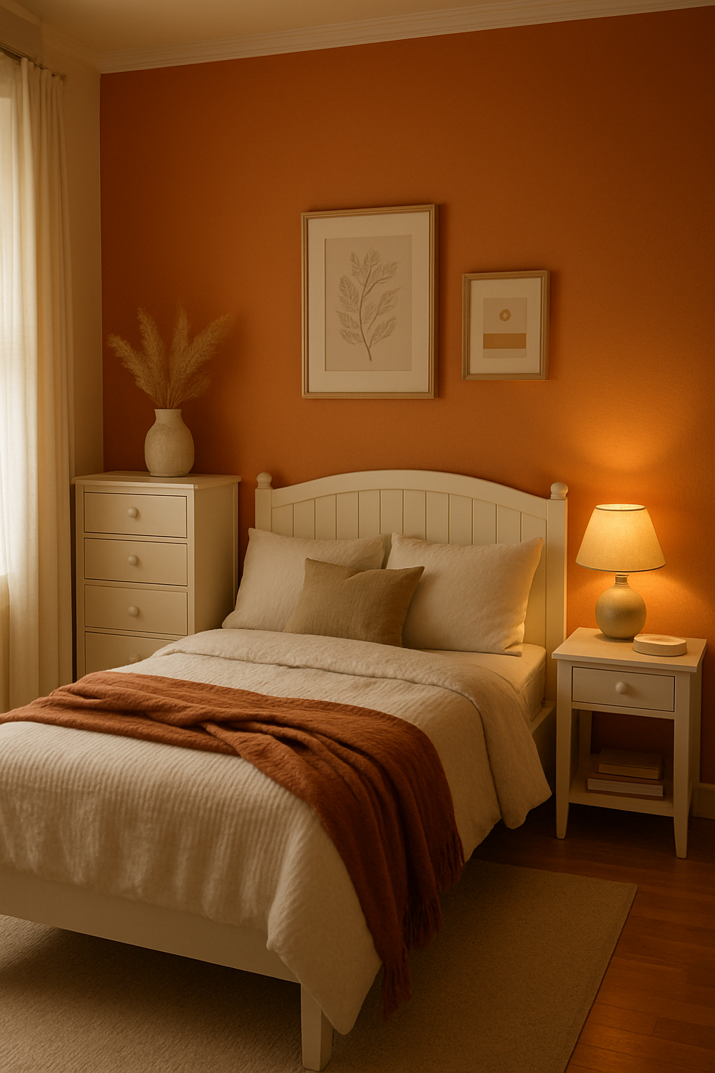 A cozy bedroom featuring a warm tangerine accent wall, white furniture, and soft bedding.