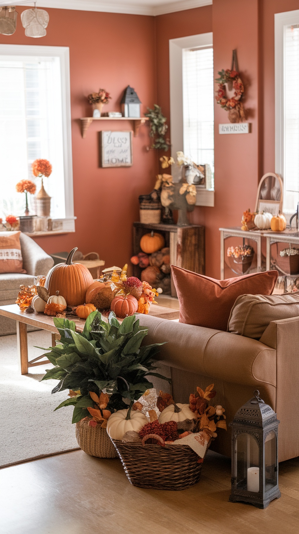 Cozy living room with warm terracotta walls, decorated for fall with pumpkins and autumn decor.
