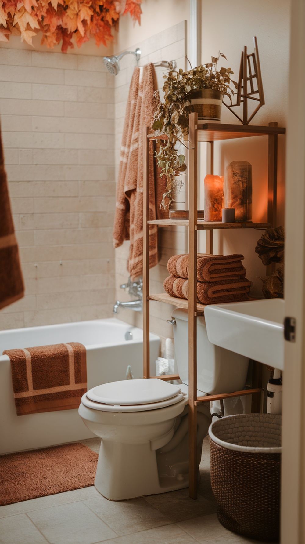 A cozy bathroom featuring warm-toned towels and accessories, creating a fall-inspired atmosphere.