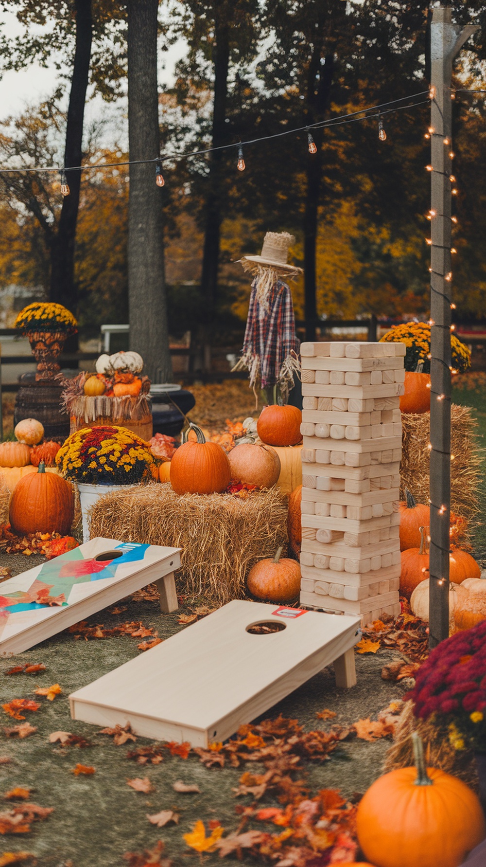Outdoor party setup with pumpkins, hay bales, and games like giant Jenga and cornhole.