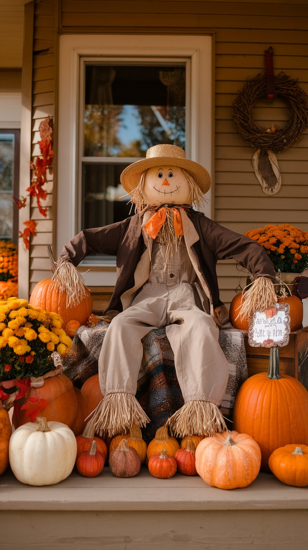 A cheerful scarecrow sitting on a porch surrounded by pumpkins and flowers.