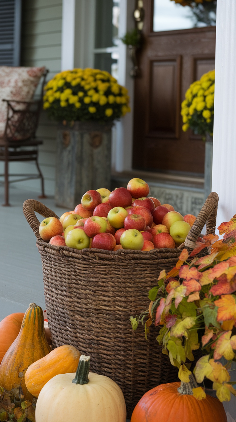 A woven basket filled with colorful apples, surrounded by pumpkins and fall foliage at a front door.