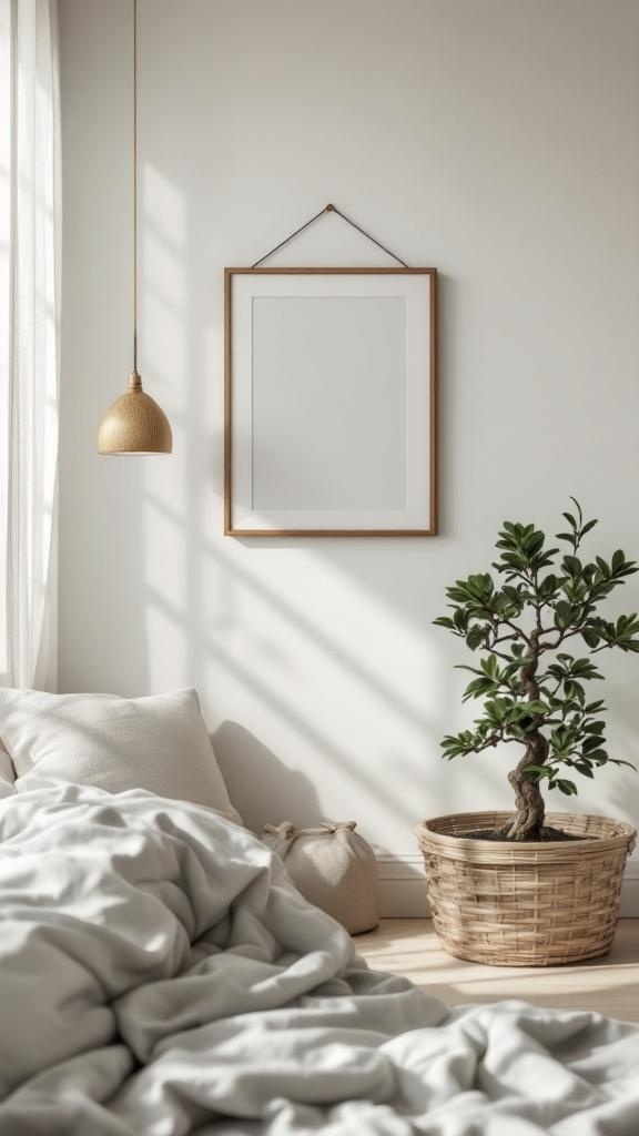 A serene bedroom featuring neutral tones, a potted plant, soft bedding, and a stylish hanging light.