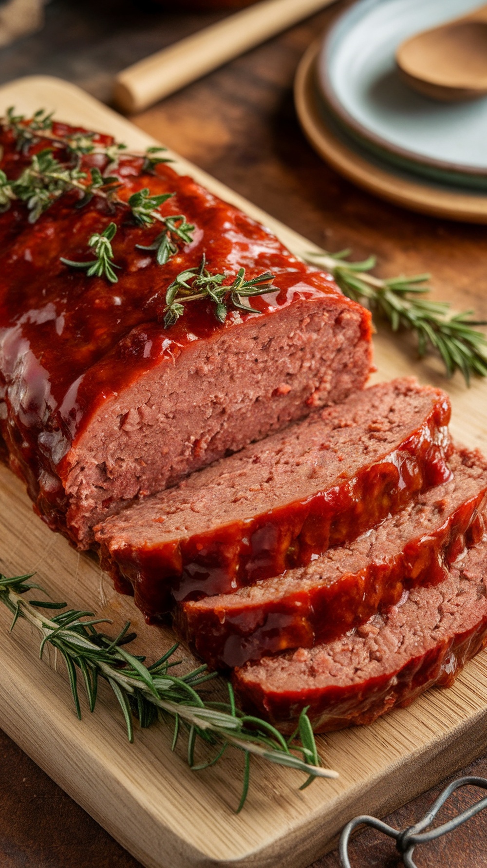 A sliced zesty BBQ meatloaf with a glossy glaze and fresh herbs on a wooden cutting board.
