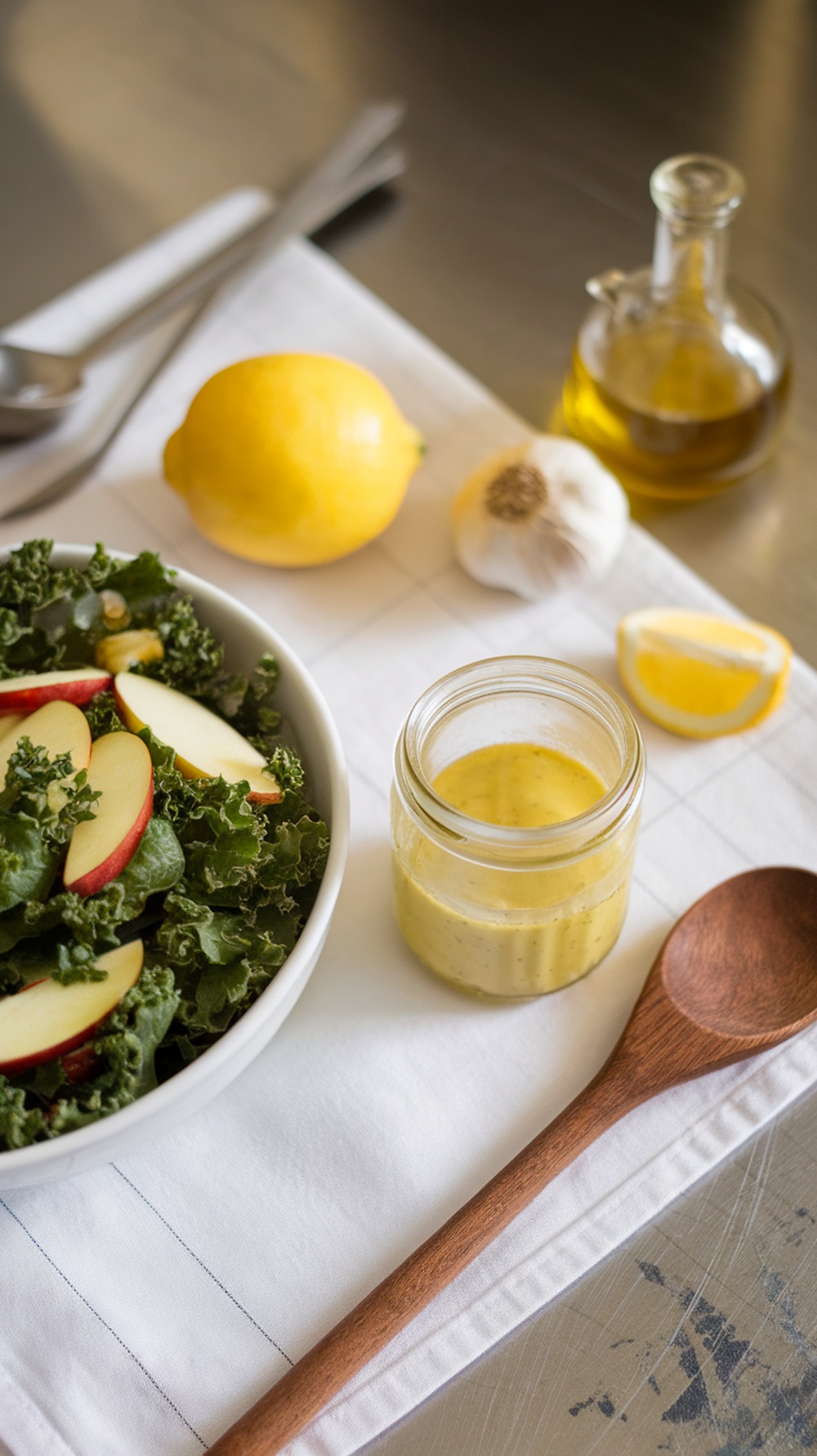 A bowl of kale apple salad with a jar of lemon vinaigrette dressing and fresh ingredients on a kitchen countertop.