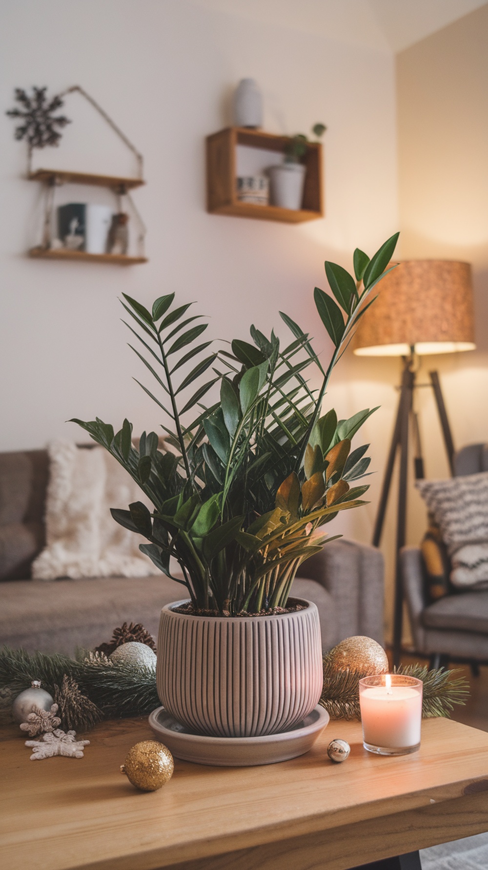 A ZZ plant in a decorative pot on a wooden table, surrounded by holiday decorations and a candle.