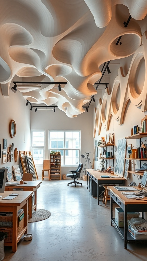 A creative workspace with a 3D printed ceiling featuring flowing organic shapes and warm lighting.