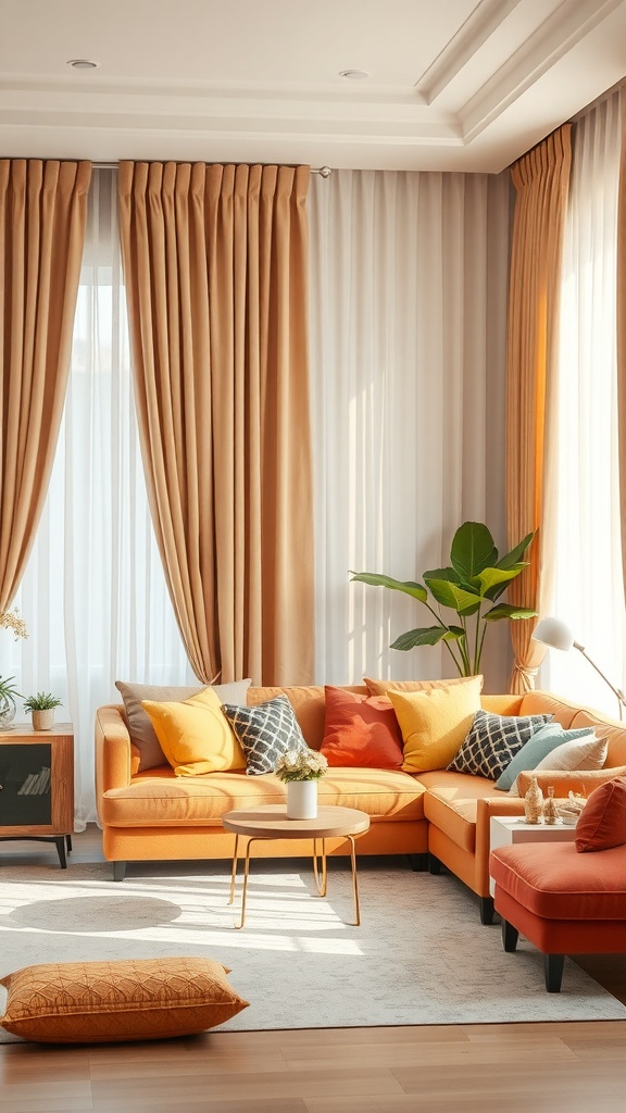 A cozy living room featuring beige curtains, warm orange accents, and a green plant.