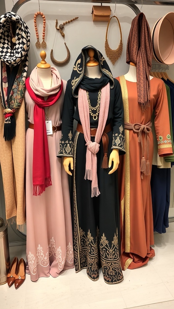 Display of various abayas and accessories including scarves and jewelry