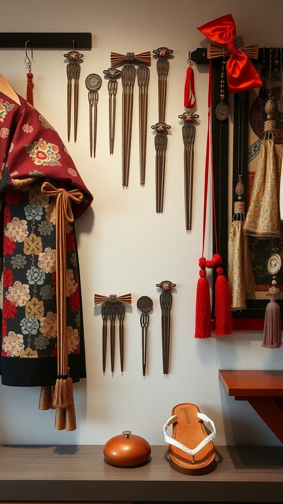A display of traditional Japanese accessories including hairpins, tassels, and footwear.