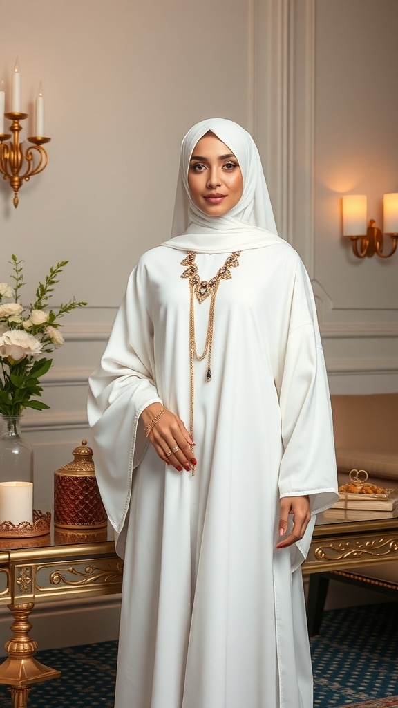Woman wearing a white abaya with elegant accessories