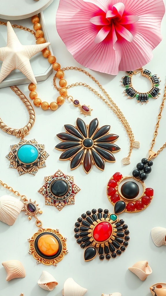 A woman wearing a light summer dress, showcasing a collection of colorful statement jewelry by the beach.