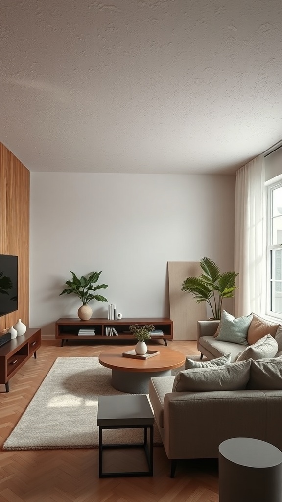 A modern living room featuring a smooth gypsum ceiling, stylish furniture, and plants.