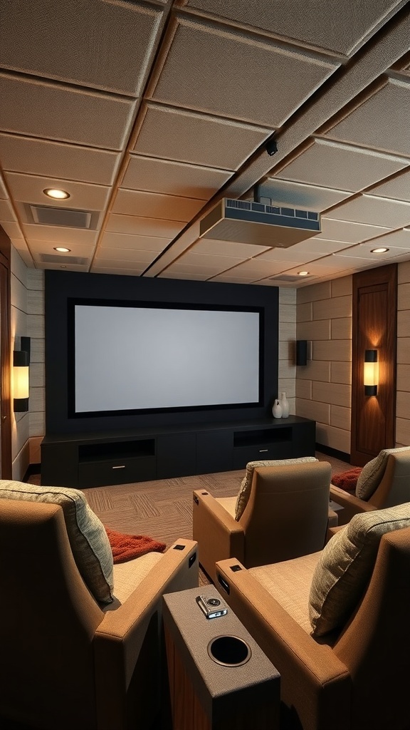 A cozy home theater featuring acoustic ceiling panels that enhance sound quality.