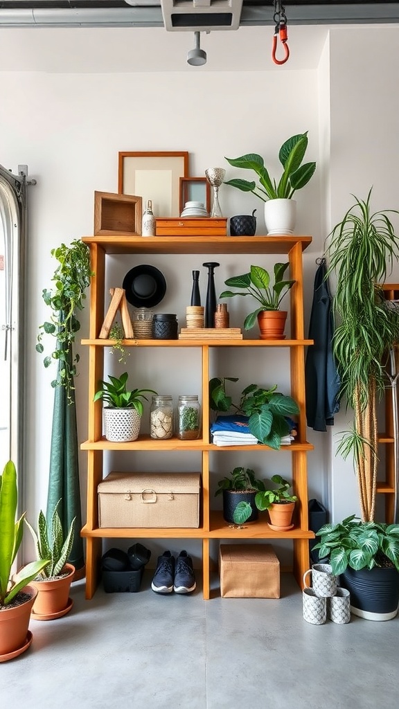 A stylish ladder shelf in a garage filled with plants, decorative items, and storage boxes.