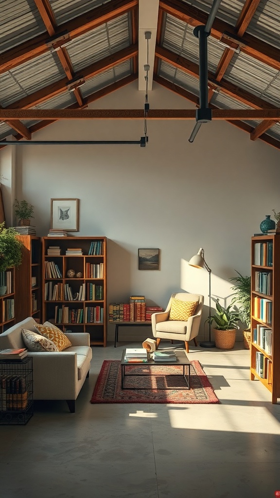 Cozy reading nook in a garage loft with bookshelves, a sofa, and natural light.