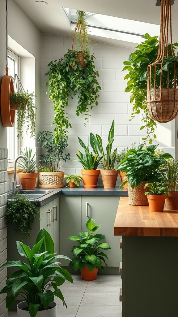 A semi-open kitchen filled with various plants, including hanging and potted greenery, creating a fresh atmosphere.
