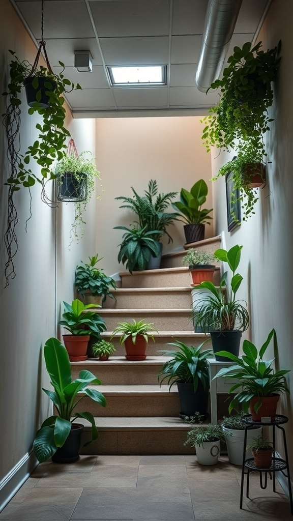 A basement stairwell filled with various indoor plants in pots, creating a fresh and inviting atmosphere.