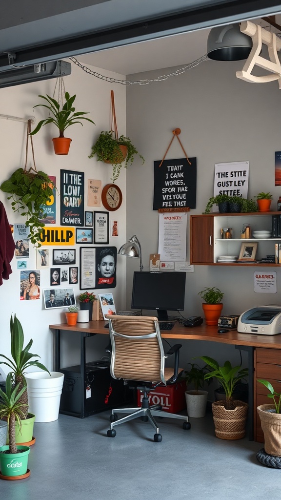 A cozy garage office with plants, artwork, and a desk setup.