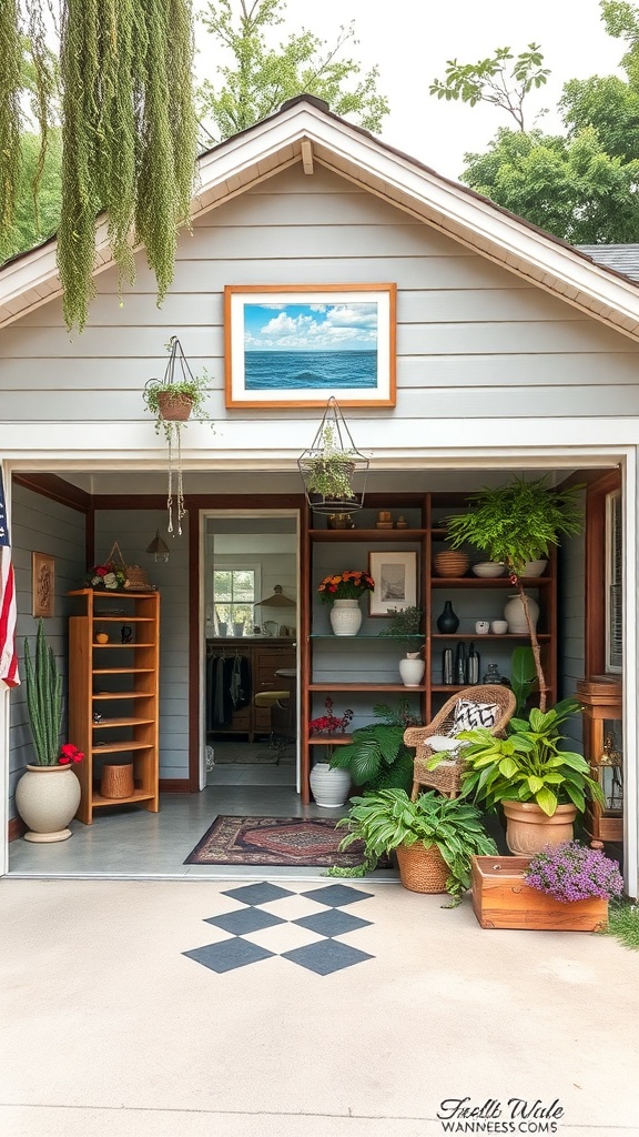 A charming garage guest house entrance with wooden shelves, plants, and a framed picture.