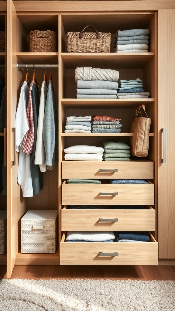 A built-in wardrobe with pull-out drawers and neatly organized clothes and accessories.