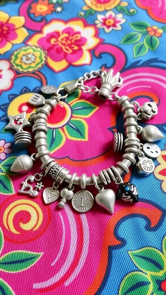 A silver adjustable charm bracelet with various decorative charms on a colorful background.