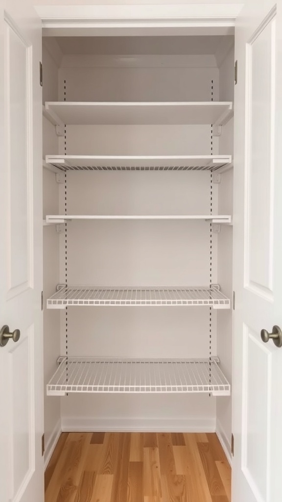 A pantry closet with adjustable wire shelving
