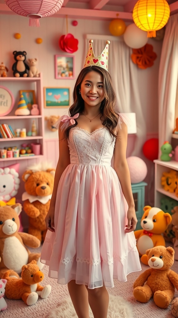 A cream baby doll dress displayed on a mannequin in a cozy room filled with soft toys and colorful decor.