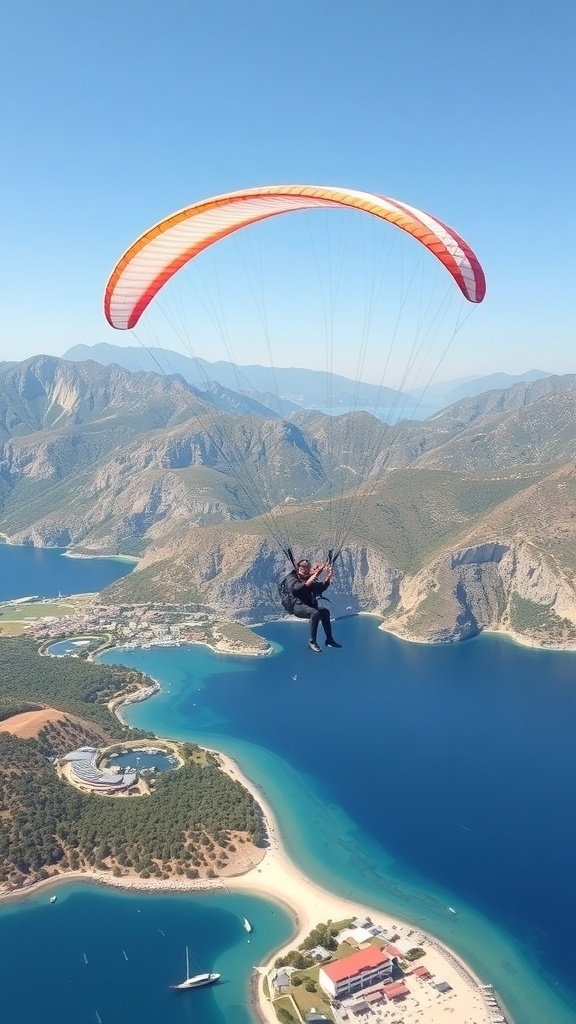 A person paragliding over the beautiful coastline of Marmaris, Turkey, with mountains and blue waters in the background.
