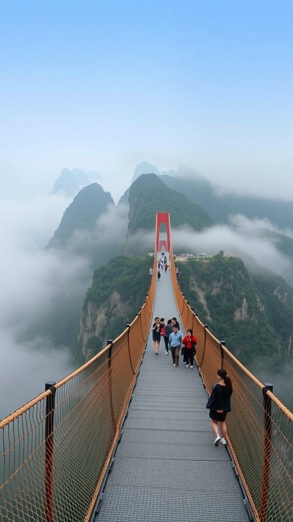 A scenic view of a bridge in Ba Na Hills, Vietnam, surrounded by misty mountains and people walking.