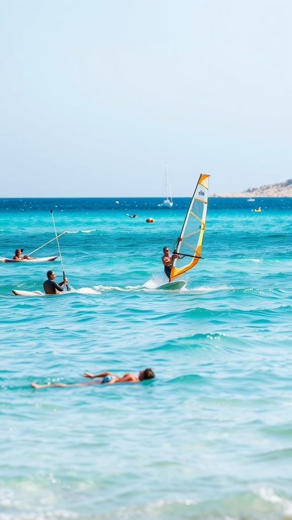 People engaging in water sports in Mykonos, Greece